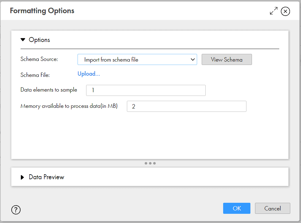 Upload a schema file to parse JSON input file