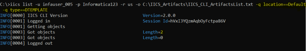 List Artifacts passing Location and Type parameter 