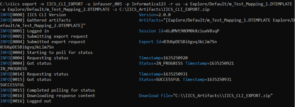 Exporting artifacts from IICS using -a