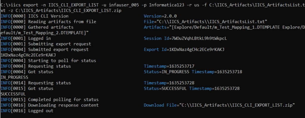 Exporting artifacts from IICS using -f