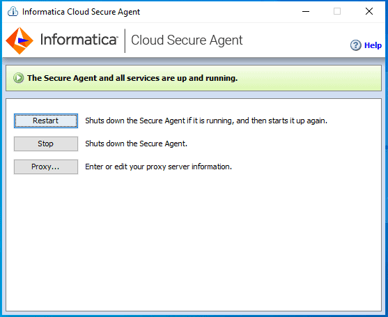 Secure Agent Manger showing all services are running on Secure Agent