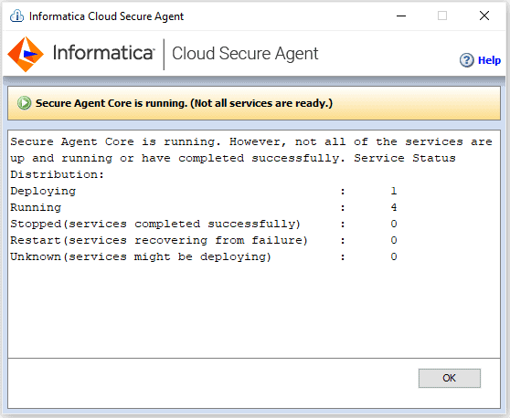 Secure Agent Manger showing various status of services