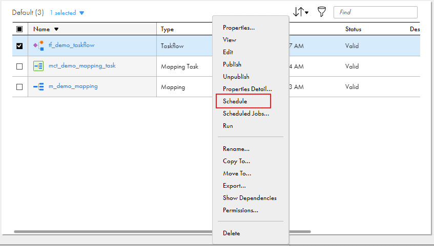 The image shows Schedule option in the actions menu of a taskflow