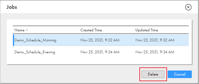 The image shows deleting 'Demo_Schedule_Morning' job assigned to taskflow