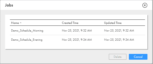 The image shows a dialog box with list of assigned scheduled jobs to taskflow