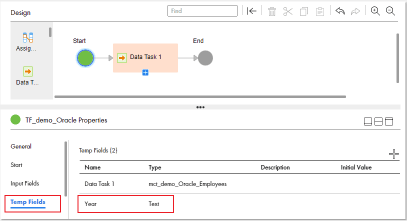 Temp Field Year of type Text defined in the Taskflow properties