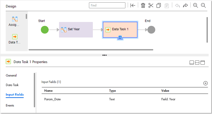 Assigning the field Year to the In-Out Parameter Param_Date in Data Task step