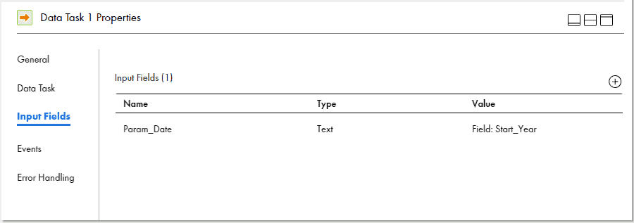 Assigning the field Start_Year to the In-Out Parameter Param_Date in Data Task step 