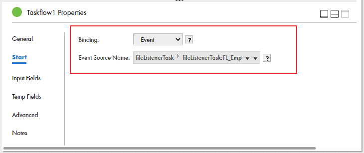 Taskflow Start properties with Binding type as Event and FL_EMP file listener as Event Source