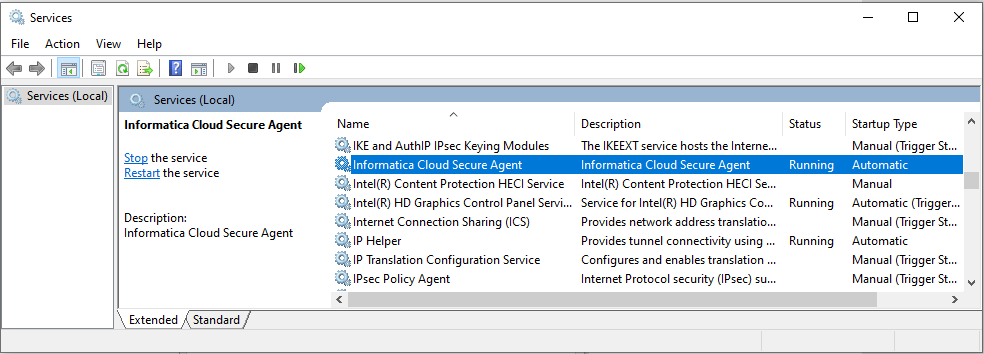 Windows Services window showing Informatica Cloud Secure Agent status