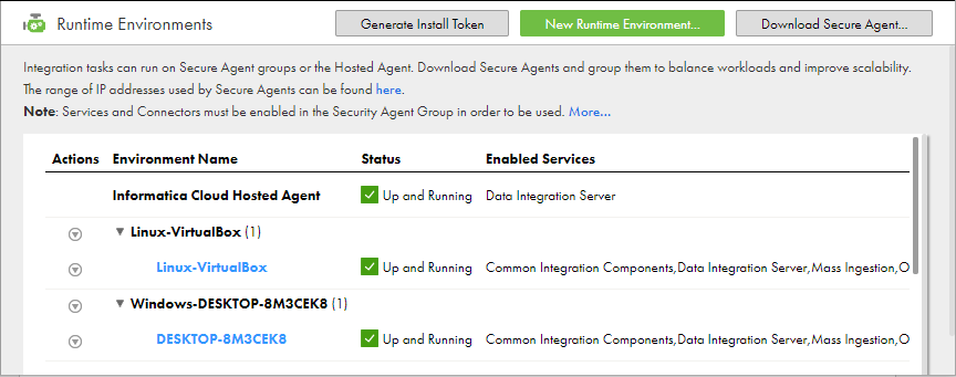 Runtime Environments tab in IICS Administrator showing registered secure agents