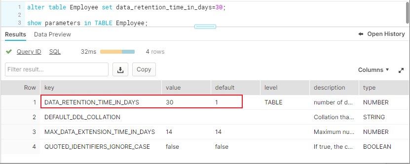 Altering Data Retention Period of Employee table