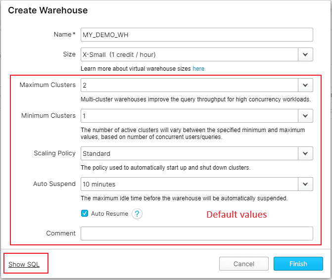 Specifying various settings while creating Virtual Warehouse from Web UI