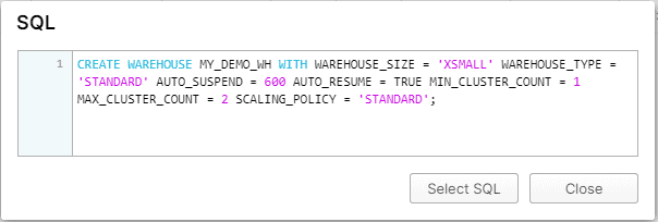 SQL to create a Virtual Warehouse