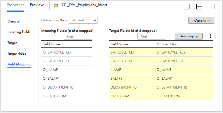 Field Mapping of Target transformation Inserting data into table