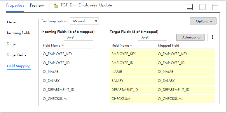 Field Mapping of Target transformation Updating data into table