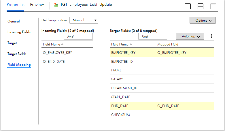 Field Mapping of Target transformation Updating data into table