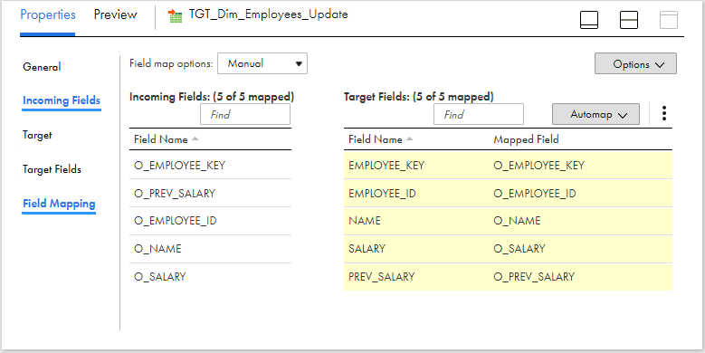 Field Mapping of Target transformation Updating data into table