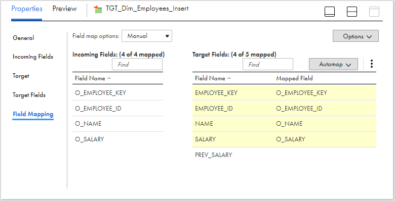 Field Mapping of Target transformation Inserting data into table