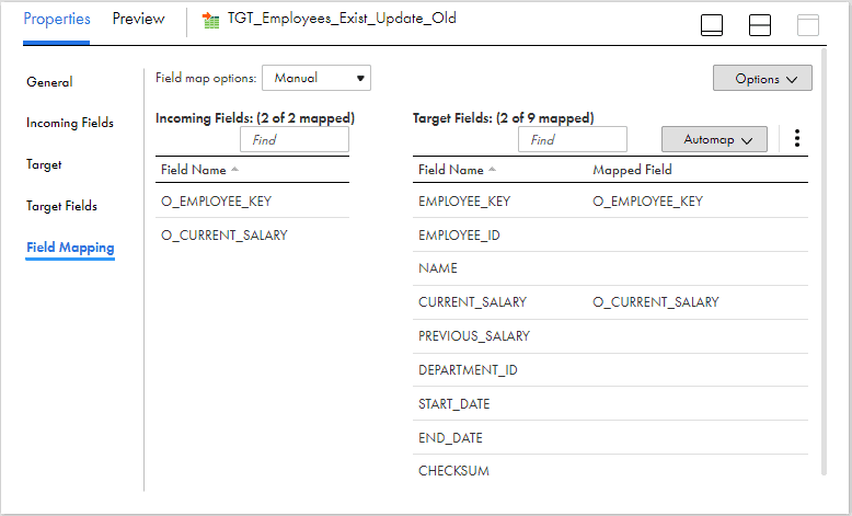 Field Mapping of Target transformation Updating older versions of records in table