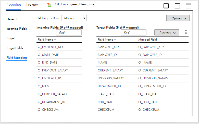 Field Mapping of Target transformation Inserting data into table