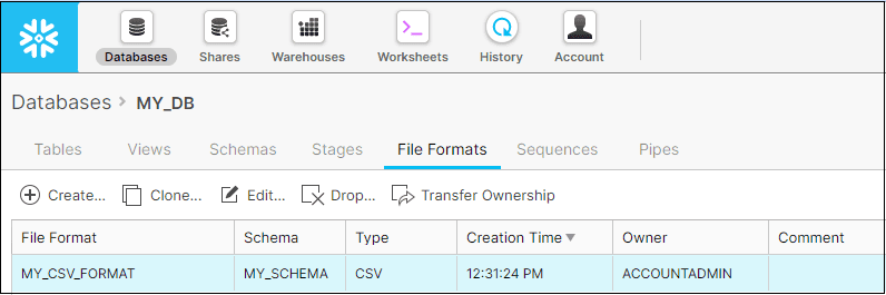 Created File Formats in Snowflake
