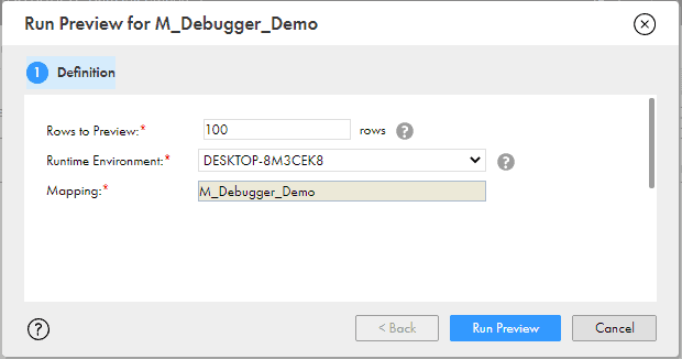 Selecting rows to preview and runtime environment to run the preview job