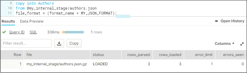 Copying files from Snowflake internal stage into database table