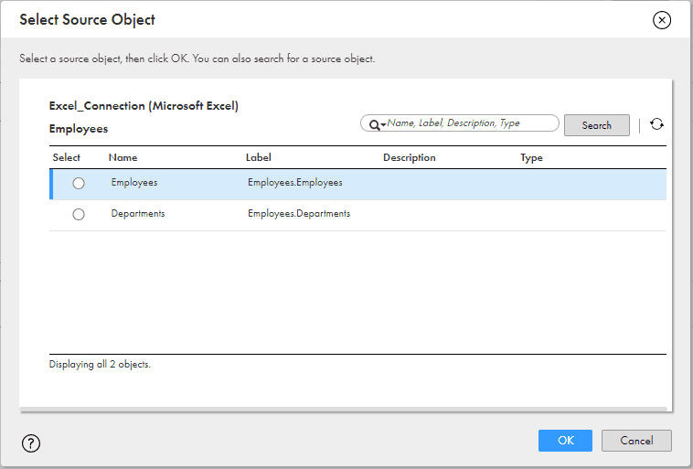 Source Object displaying all the worksheets of the Excel source file