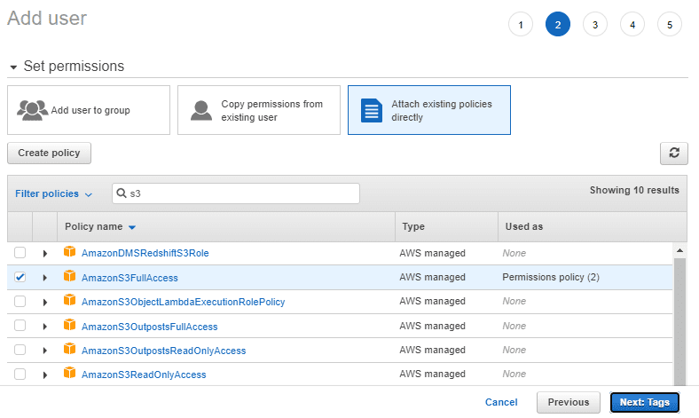 Attaching existing policy to the user