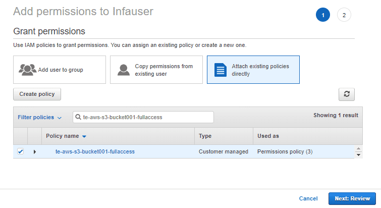 Attaching a custom policy to the user