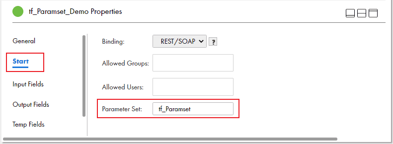 Configuring Parameter Set in the taskflow Start properties