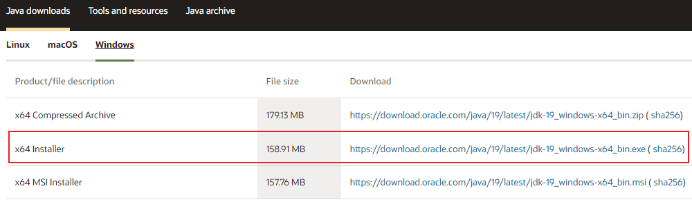  Java Windows Download page