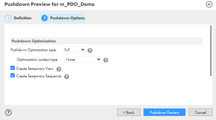 Pushdown Options page in Pushdown Preview Wizard 
