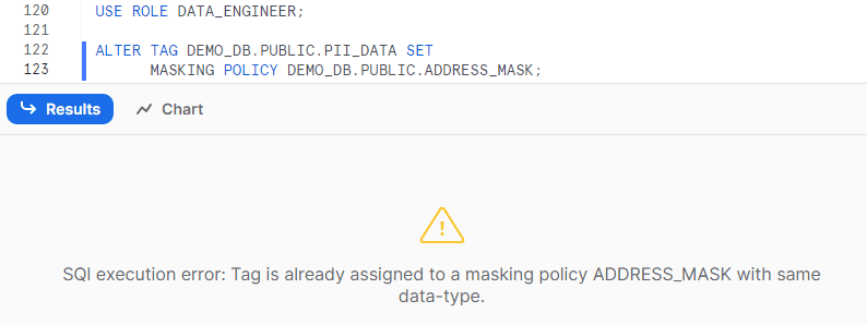 Error message showing that two policies with same data type cannot be assigned to a tag