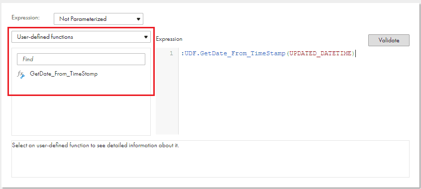 Expression editor showing the list of all available valid User-defined functions