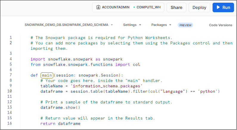 Default Python Worksheet in Snowflake