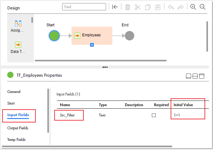 Configuring Input Fields in the Start step of a taskflow