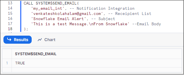 Sending email by calling SYSTEM$SEND_EMAIL stored procedure