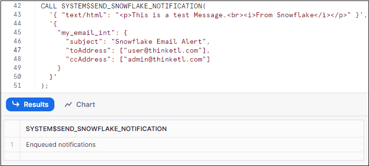 Sending email by calling SYSTEM$SEND_SNOFLAKE_NOTIFICATION stored procedure