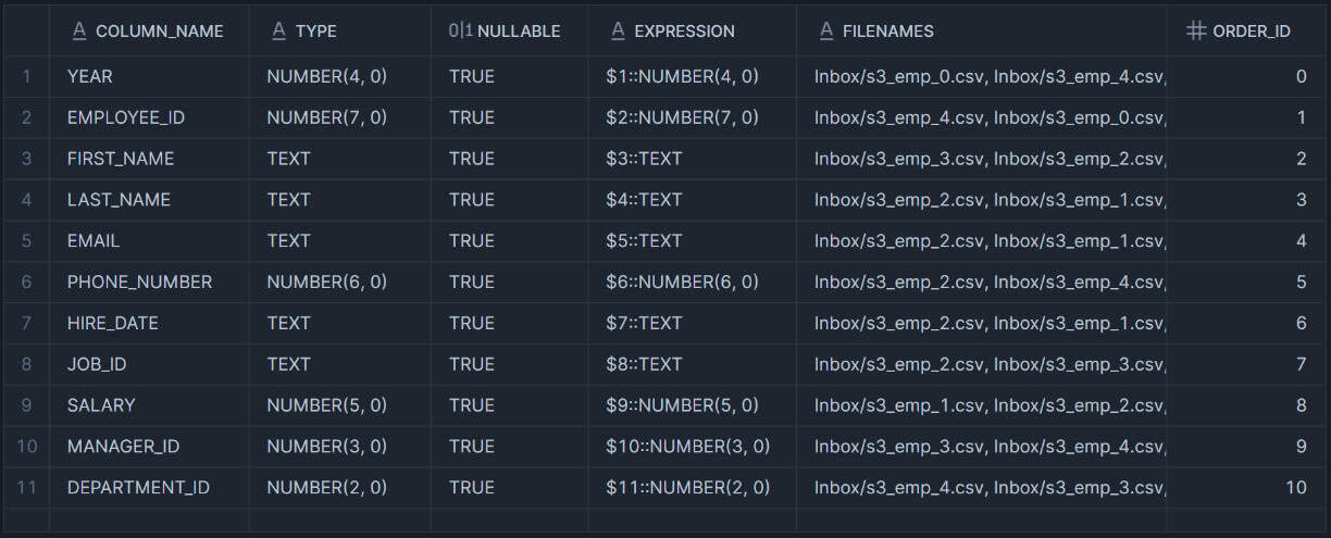 Output of the INFER_SCHEMA function